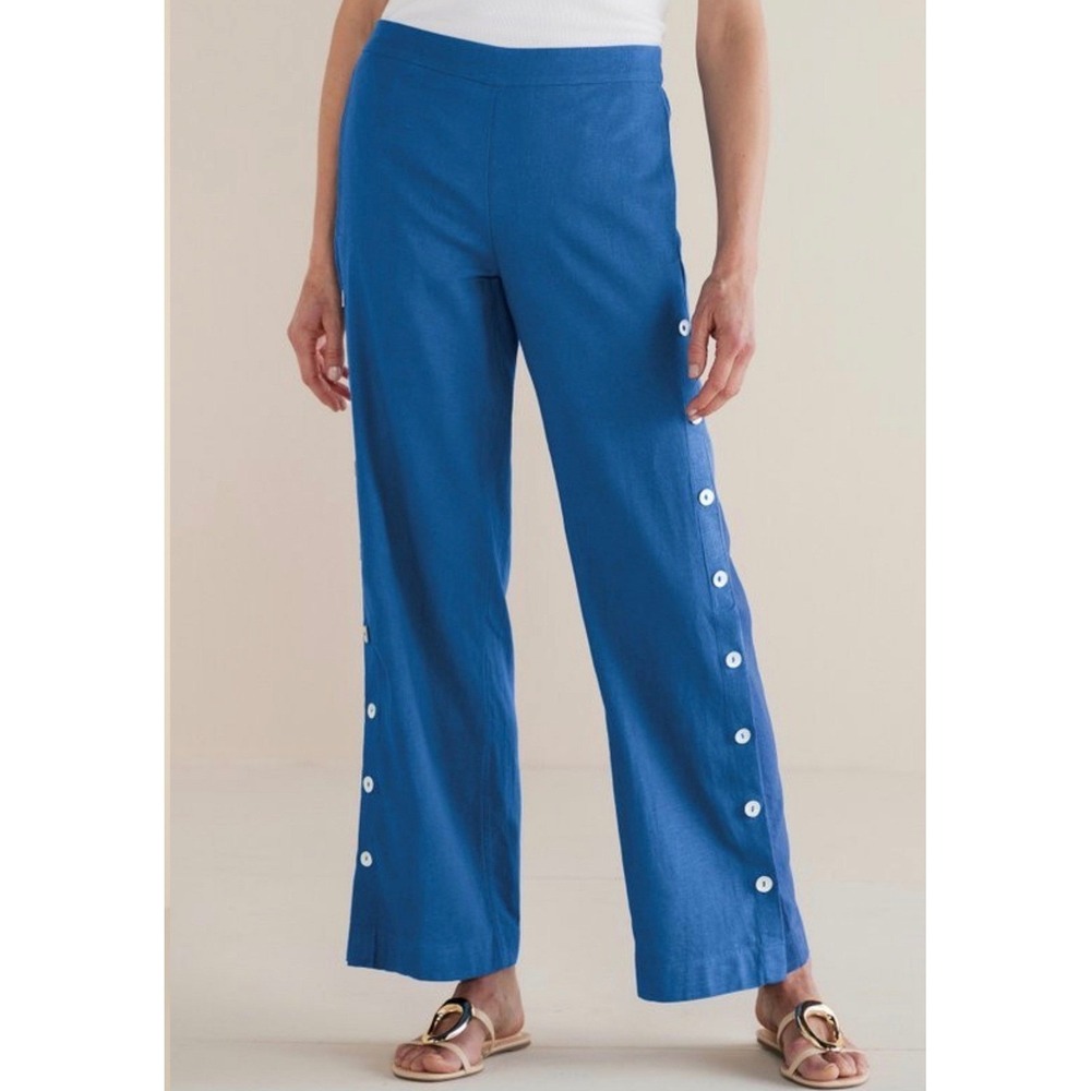 Soft Surroundings Sonoma Linen Blend Wide Leg Side Button Pants Sapphire 1X NEW